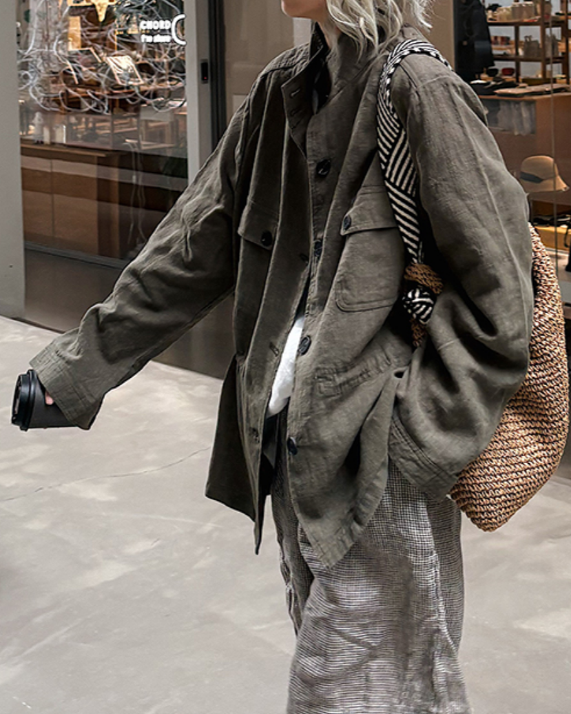 スタンドカラーミリタリーテイストナチュラルファブリックコート 2719