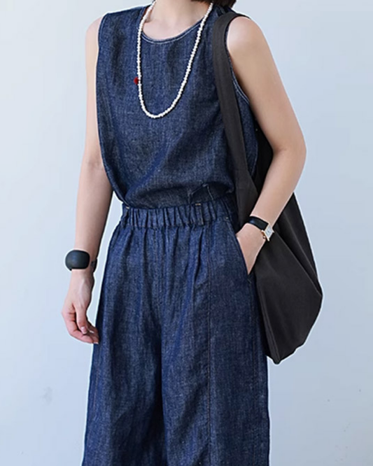 昨夏の満足度No.1アイテムが待望の復活|【セットアップ対応】ラウンドネックノースリーブデニムカットソー 2217|汗ばむ季節もさらりと着られる綿混素材