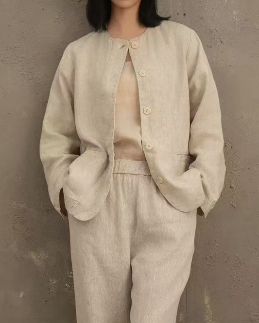 ノーカラーフロントボタンアクセントナチュラルファブリックジャケット 2714