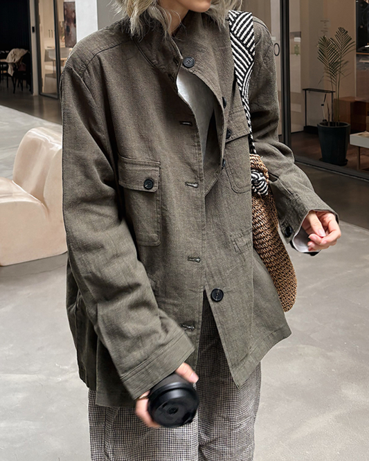 スタンドカラーミリタリーテイストナチュラルファブリックコート 2719