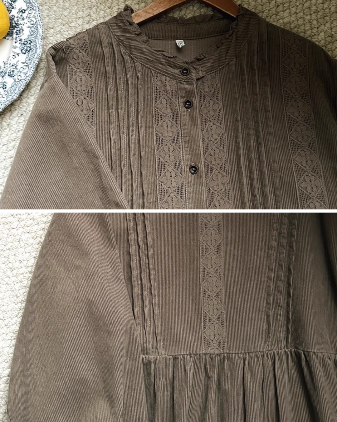 フリルネックコーデュロイレースラインワンピース 2758