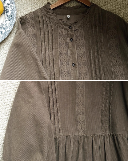 フリルネックコーデュロイレースラインワンピース 2758