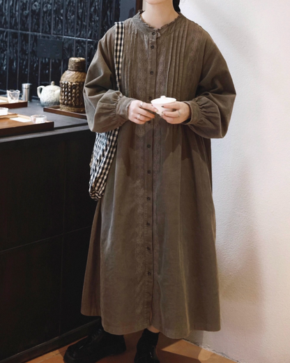 フリルネックコーデュロイレースラインワンピース 2758