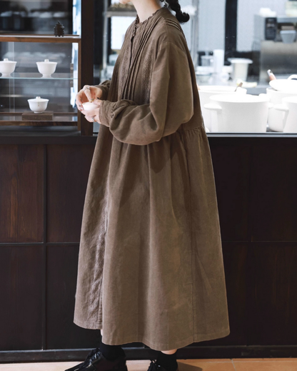 フリルネックコーデュロイレースラインワンピース 2758