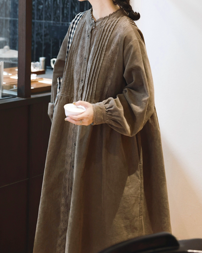 フリルネックコーデュロイレースラインワンピース 2758