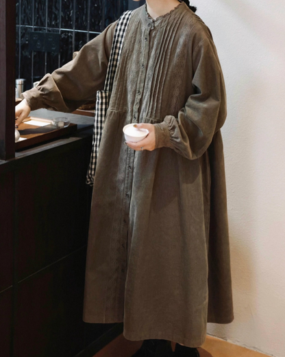 フリルネックコーデュロイレースラインワンピース 2758